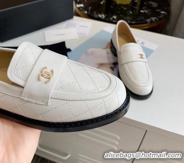 Low Cost Chanel Quilted Lambskin Loafers with CC Band G36436 White