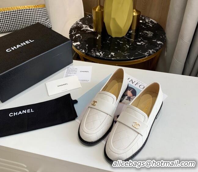 Low Cost Chanel Quilted Lambskin Loafers with CC Band G36436 White