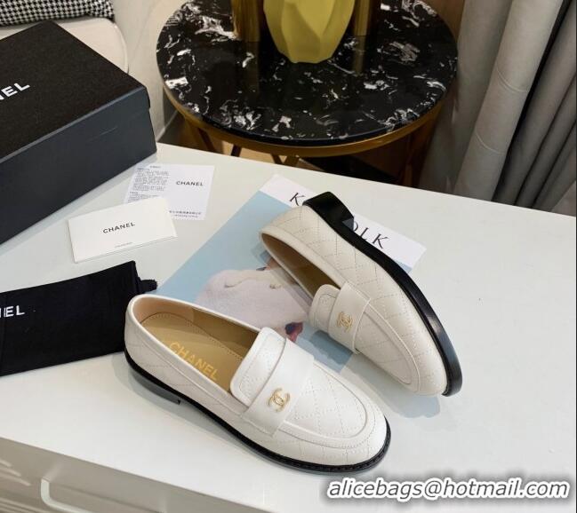 Low Cost Chanel Quilted Lambskin Loafers with CC Band G36436 White