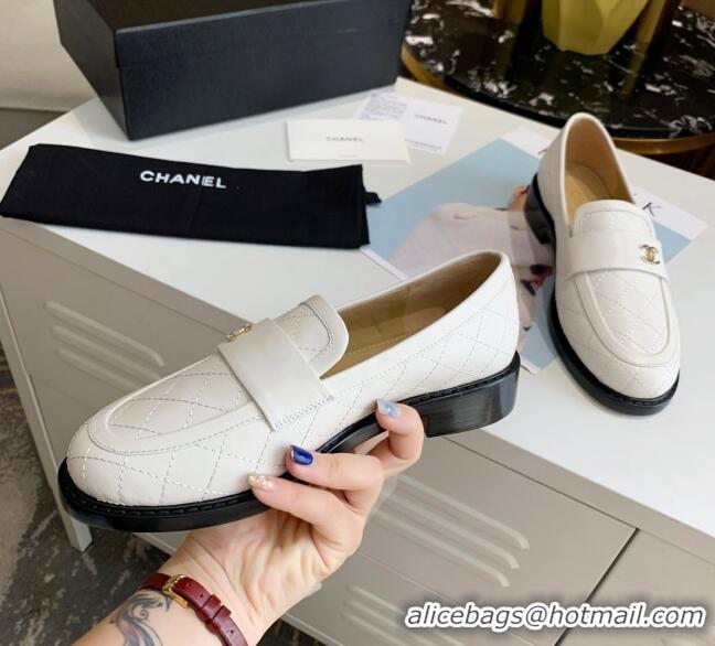 Low Cost Chanel Quilted Lambskin Loafers with CC Band G36436 White