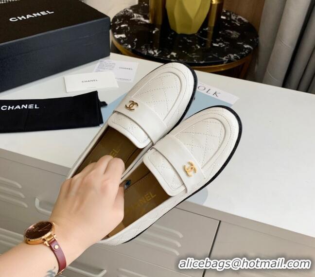 Low Cost Chanel Quilted Lambskin Loafers with CC Band G36436 White