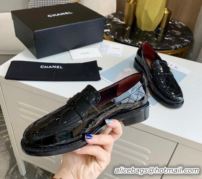 Low Cost Chanel Patent Quilted Calfskin Loafers with CC Band G36436 Black