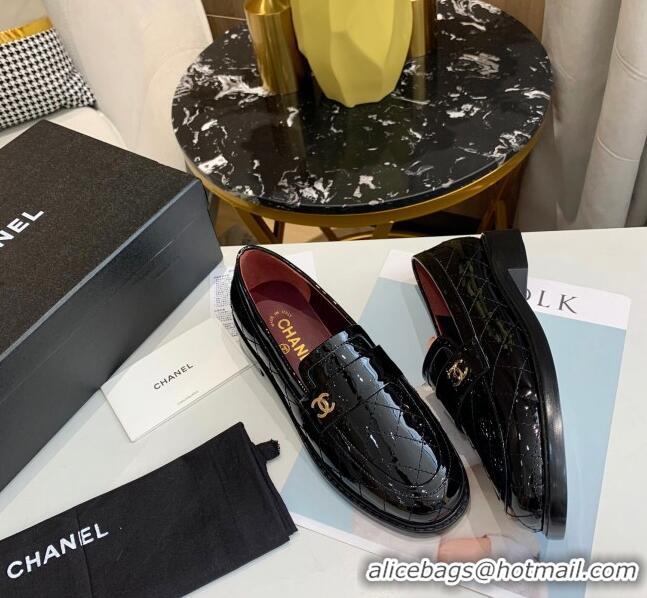 Low Cost Chanel Patent Quilted Calfskin Loafers with CC Band G36436 Black