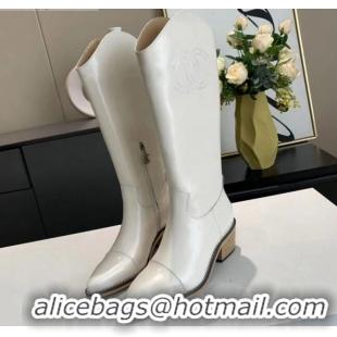 Low Price Chanel Wax Calfskin 50 mm High Boots in CC Embroidery 111407 White