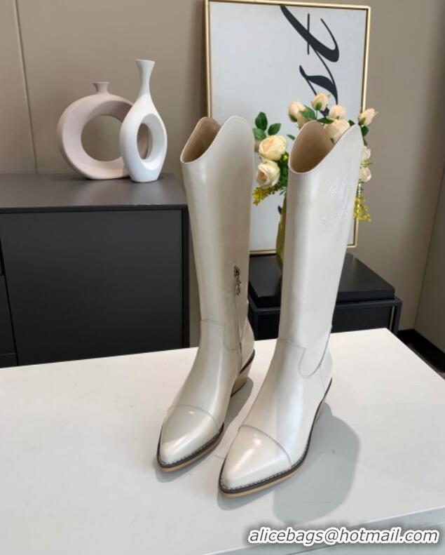 Low Price Chanel Wax Calfskin 50 mm High Boots in CC Embroidery 111407 White