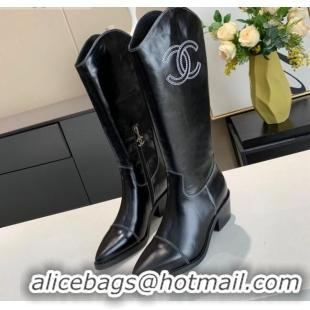 Lower Price Chanel Wax Calfskin 50 mm High Boots in CC Embroidery 111407 Black