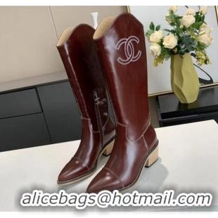 Best Product Chanel Wax Calfskin 50 mm High Boots in CC Embroidery 111407 Burgundy