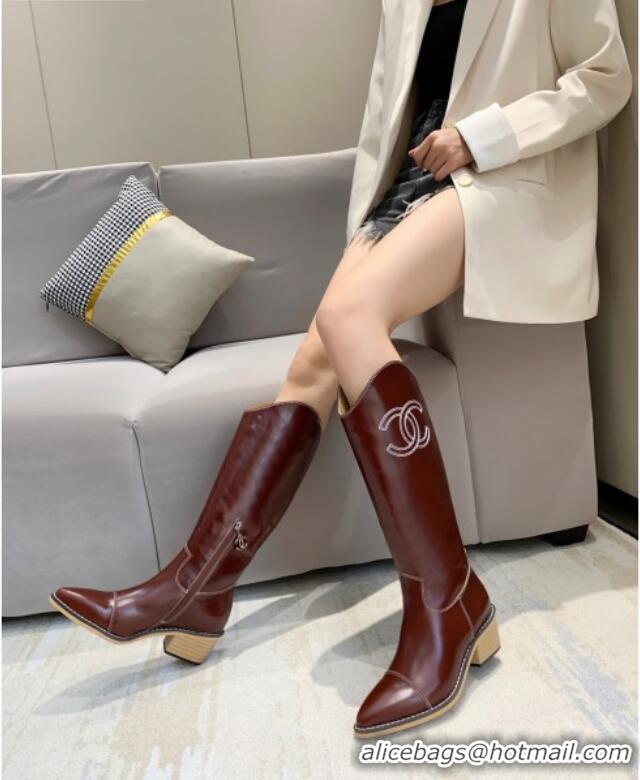 Best Product Chanel Wax Calfskin 50 mm High Boots in CC Embroidery 111407 Burgundy