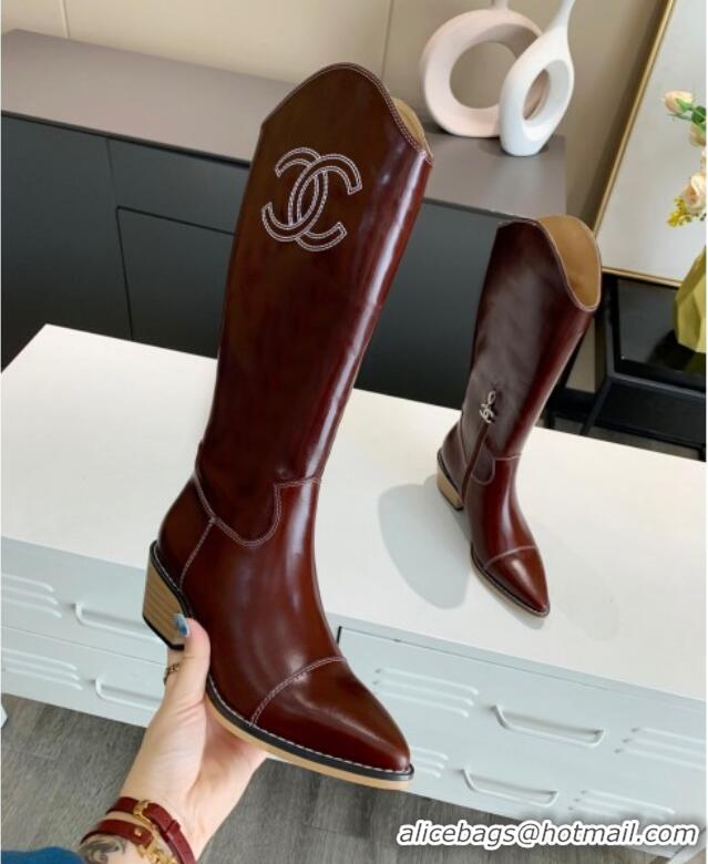 Best Product Chanel Wax Calfskin 50 mm High Boots in CC Embroidery 111407 Burgundy