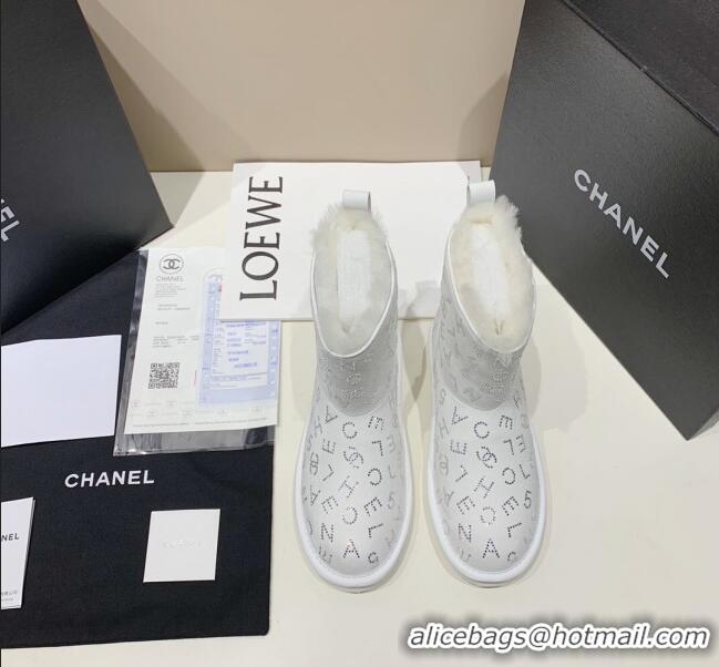 Luxury Discount Chanel Crystal CHANEL Letter Allover Short Boots 111420 White