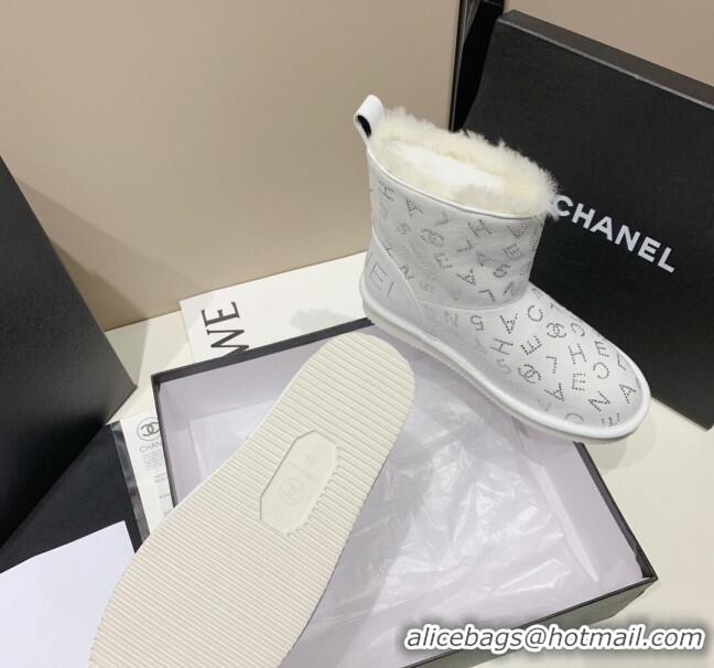 Luxury Discount Chanel Crystal CHANEL Letter Allover Short Boots 111420 White