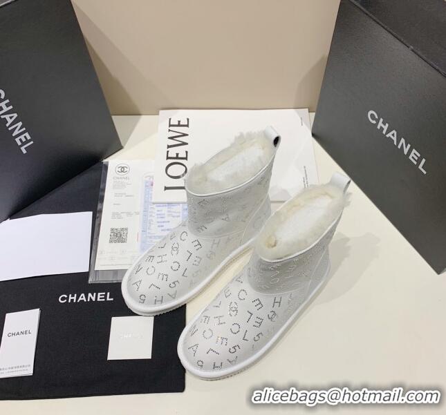 Luxury Discount Chanel Crystal CHANEL Letter Allover Short Boots 111420 White