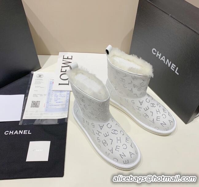 Luxury Discount Chanel Crystal CHANEL Letter Allover Short Boots 111420 White