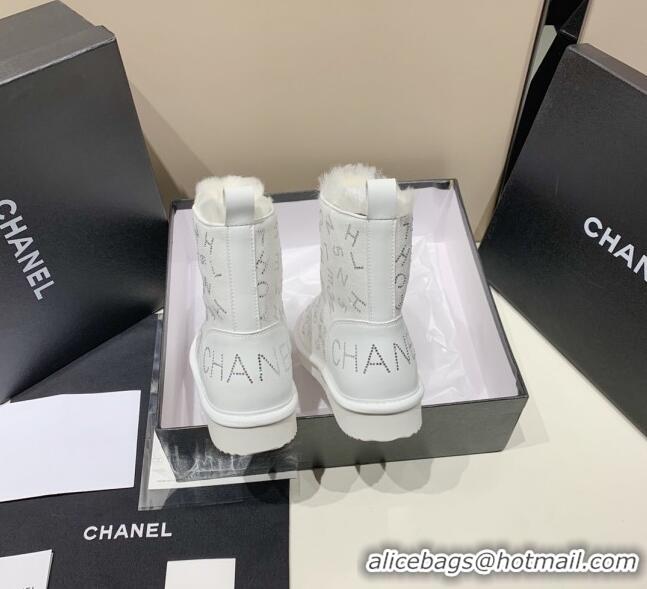 Luxury Discount Chanel Crystal CHANEL Letter Allover Short Boots 111420 White