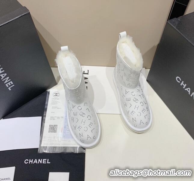 Luxury Discount Chanel Crystal CHANEL Letter Allover Short Boots 111420 White