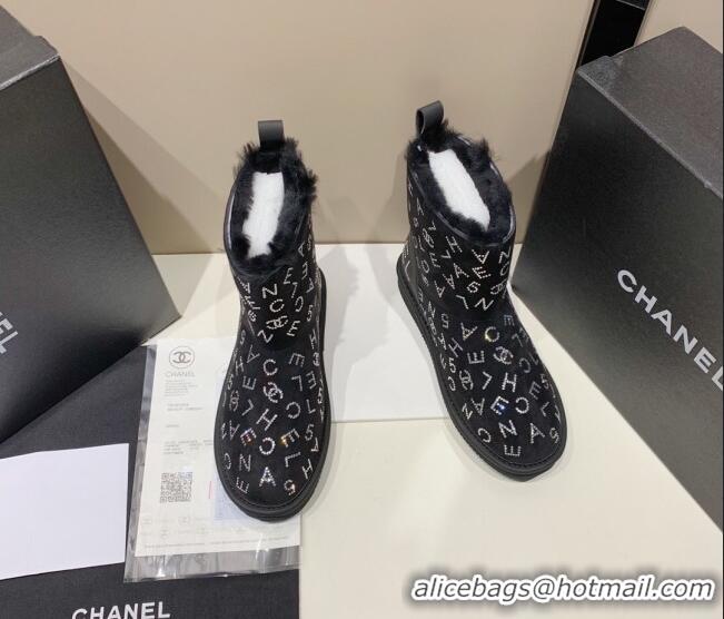 Luxury Chanel Crystal CHANEL Letter Allover Short Boots 111420 Black