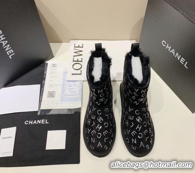 Luxury Chanel Crystal CHANEL Letter Allover Short Boots 111420 Black