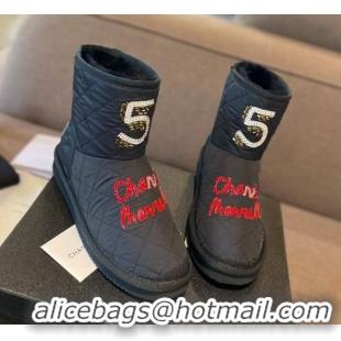 Feminine Chanel Quilted Cotton Wool Flat Short Boots with Crystal 5 Black 111655