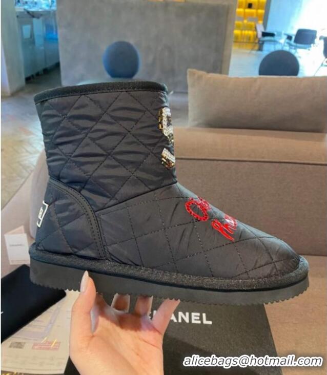 Feminine Chanel Quilted Cotton Wool Flat Short Boots with Crystal 5 Black 111655