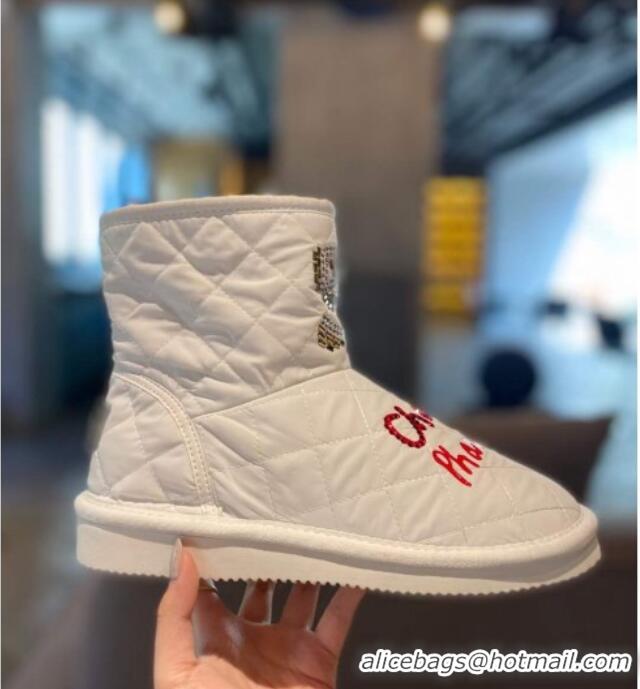 Purchase Chanel Quilted Cotton Wool Flat Short Boots with Crystal 5 111655 White