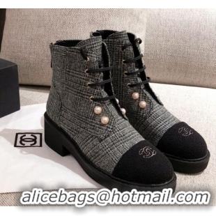 Good Quality Chanel Tweed Short Ankle Boots with Pearls G33823 Gray