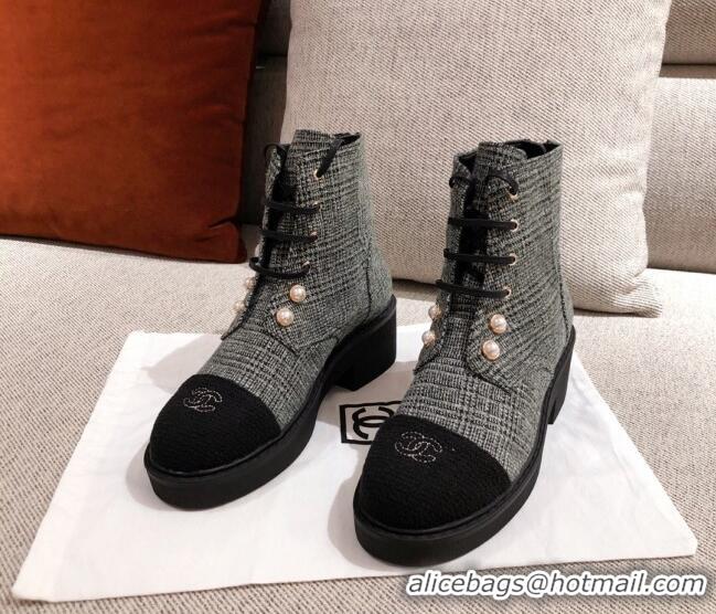 Good Quality Chanel Tweed Short Ankle Boots with Pearls G33823 Gray