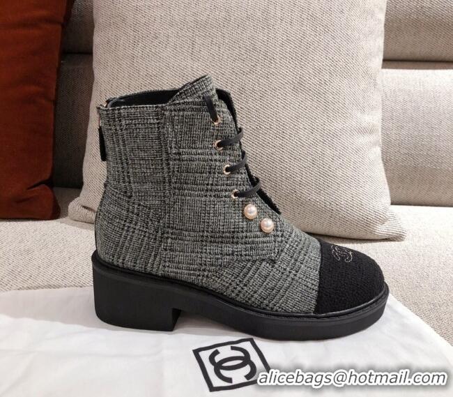 Good Quality Chanel Tweed Short Ankle Boots with Pearls G33823 Gray