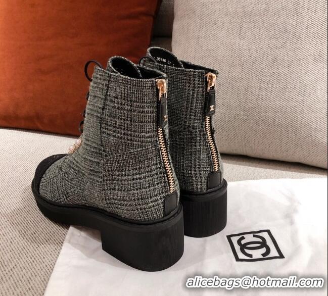 Good Quality Chanel Tweed Short Ankle Boots with Pearls G33823 Gray