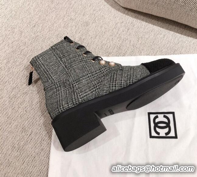 Good Quality Chanel Tweed Short Ankle Boots with Pearls G33823 Gray