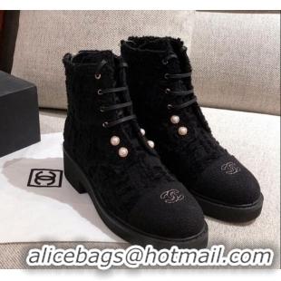 Top Grade Chanel Tweed Short Ankle Boots with Pearls G33823 All Black