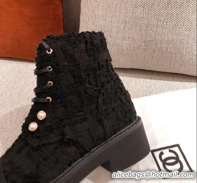 Top Grade Chanel Tweed Short Ankle Boots with Pearls G33823 All Black