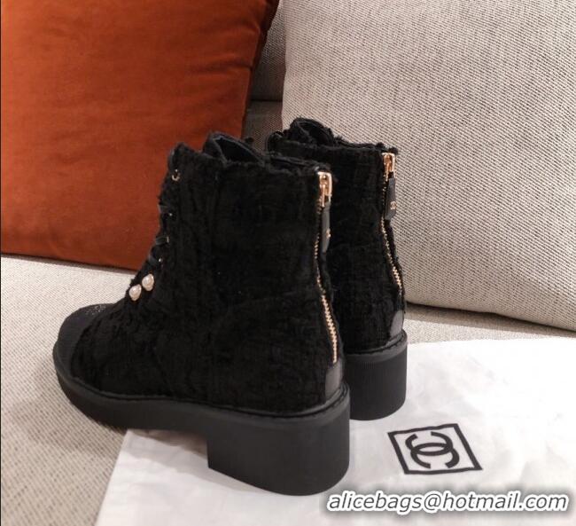 Top Grade Chanel Tweed Short Ankle Boots with Pearls G33823 All Black