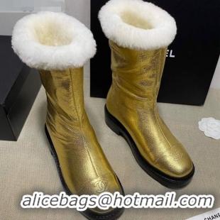 Perfect Chanel Crinkle Leather and Wool Short Boots 120121 Gold