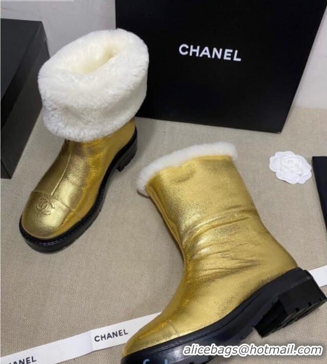 Perfect Chanel Crinkle Leather and Wool Short Boots 120121 Gold