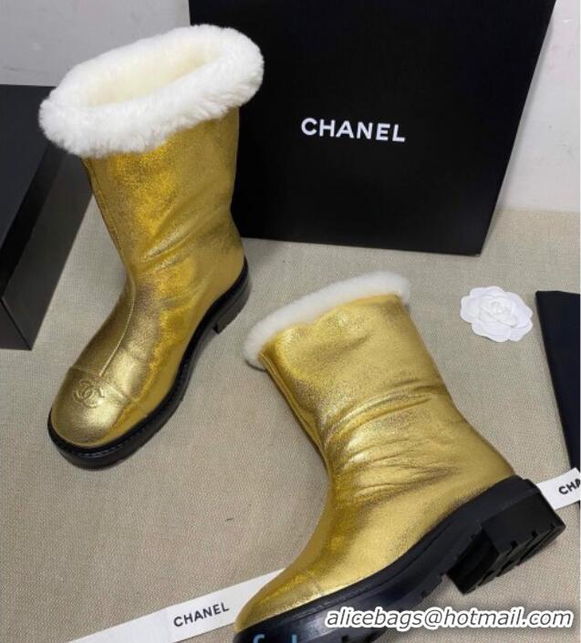 Perfect Chanel Crinkle Leather and Wool Short Boots 120121 Gold