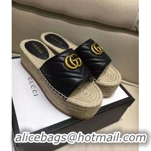 Top Grade Gucci Marmont Pilar Platform GG Logo Leather Slide Mule Espadrille Flat Sandals G8510 Black