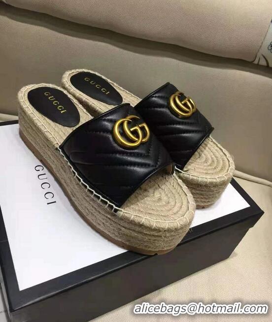 Top Grade Gucci Marmont Pilar Platform GG Logo Leather Slide Mule Espadrille Flat Sandals G8510 Black