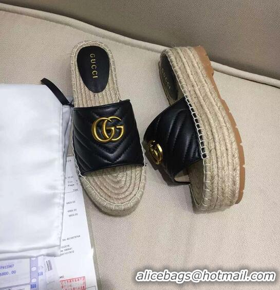 Top Grade Gucci Marmont Pilar Platform GG Logo Leather Slide Mule Espadrille Flat Sandals G8510 Black