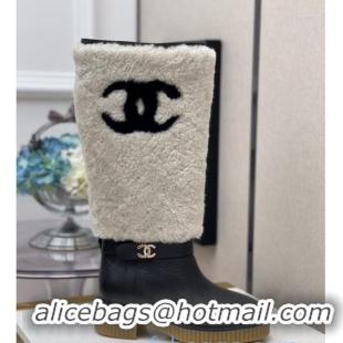 Luxury Cheap Chanel Crumpled Calfskin Wool around 38cm High Boots 120124 White