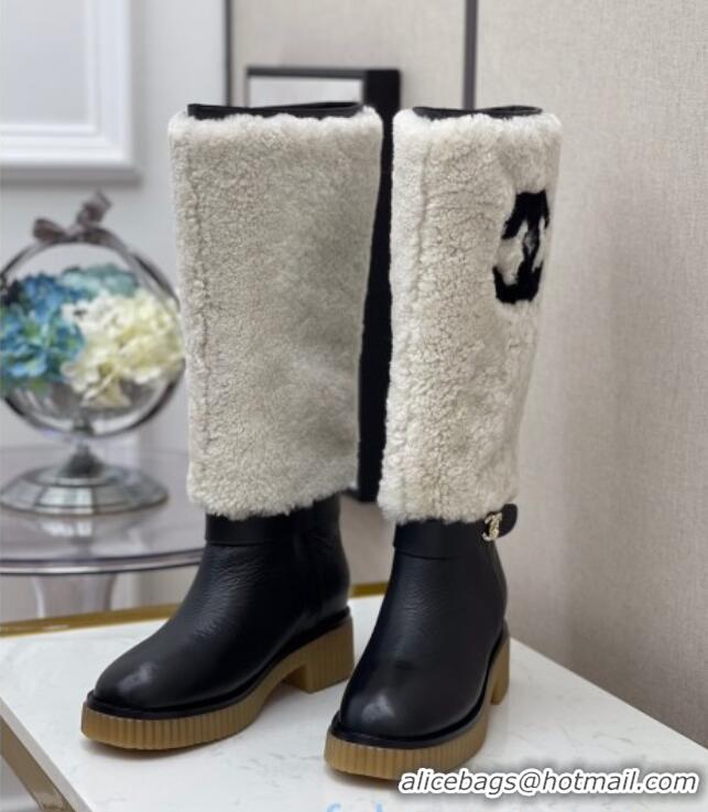 Luxury Cheap Chanel Crumpled Calfskin Wool around 38cm High Boots 120124 White