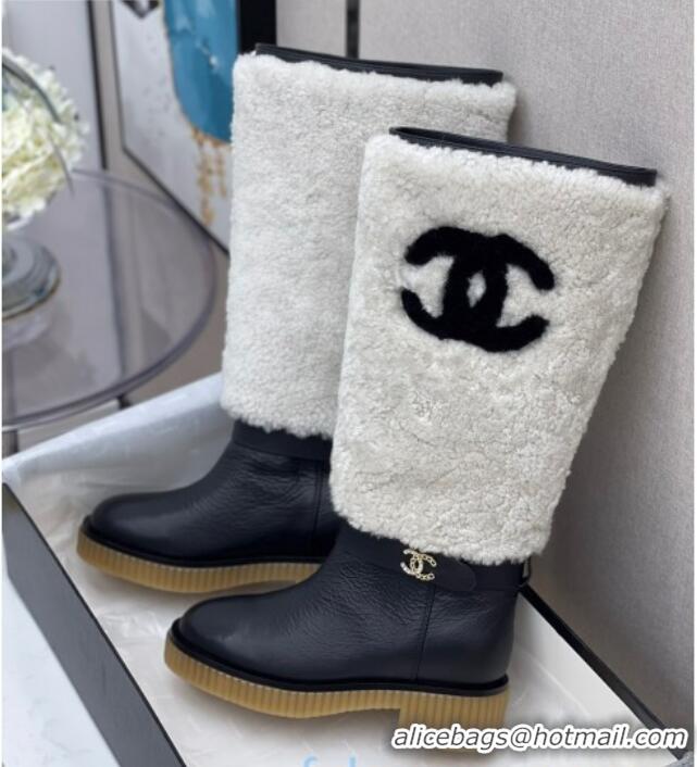 Luxury Cheap Chanel Crumpled Calfskin Wool around 38cm High Boots 120124 White