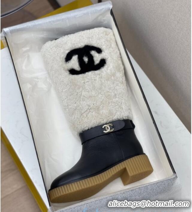 Luxury Cheap Chanel Crumpled Calfskin Wool around 38cm High Boots 120124 White