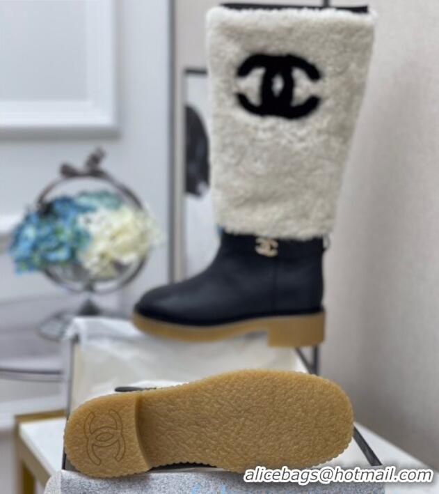 Luxury Cheap Chanel Crumpled Calfskin Wool around 38cm High Boots 120124 White