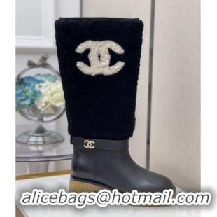 Top Design Chanel Crumpled Calfskin Wool around 38cm High Boots 120124 Black