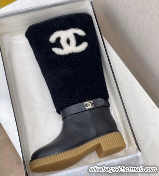 Top Design Chanel Crumpled Calfskin Wool around 38cm High Boots 120124 Black