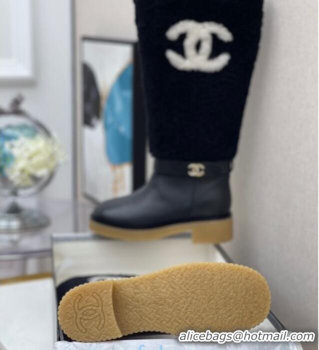 Top Design Chanel Crumpled Calfskin Wool around 38cm High Boots 120124 Black