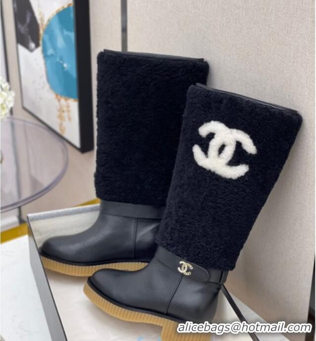 Top Design Chanel Crumpled Calfskin Wool around 38cm High Boots 120124 Black