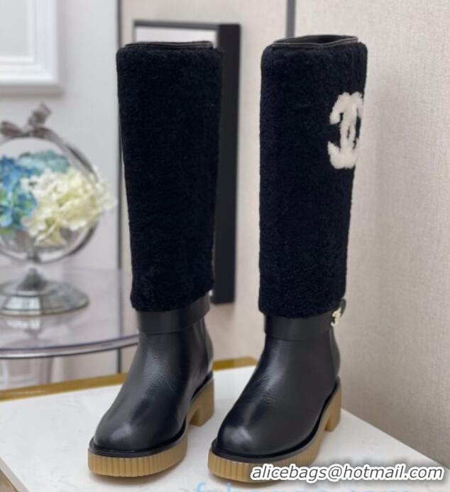 Top Design Chanel Crumpled Calfskin Wool around 38cm High Boots 120124 Black