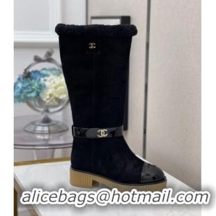 Good Product Chanel Suede Wool around 38cm High Boots with CC Strap 120126 Black