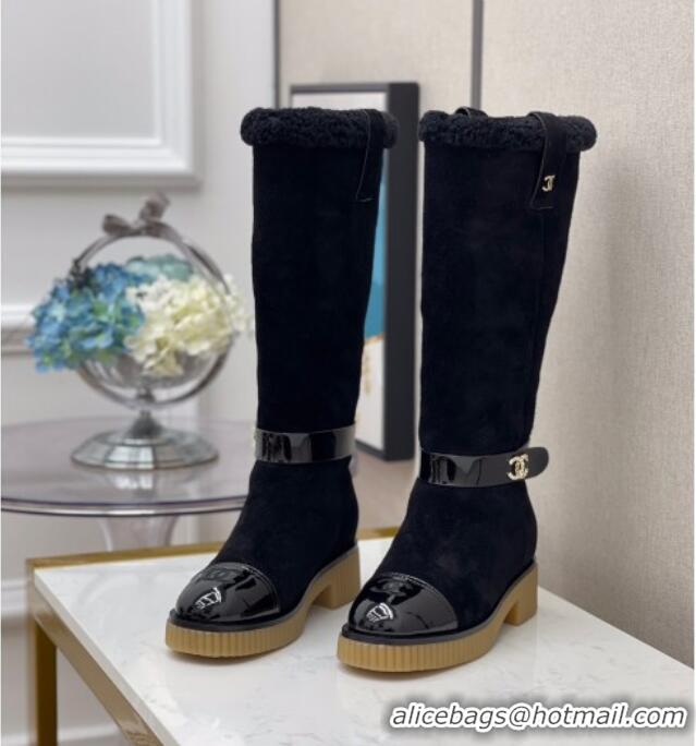 Good Product Chanel Suede Wool around 38cm High Boots with CC Strap 120126 Black